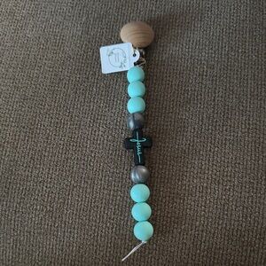 Aqua and Gray Beaded Pacifier Clip